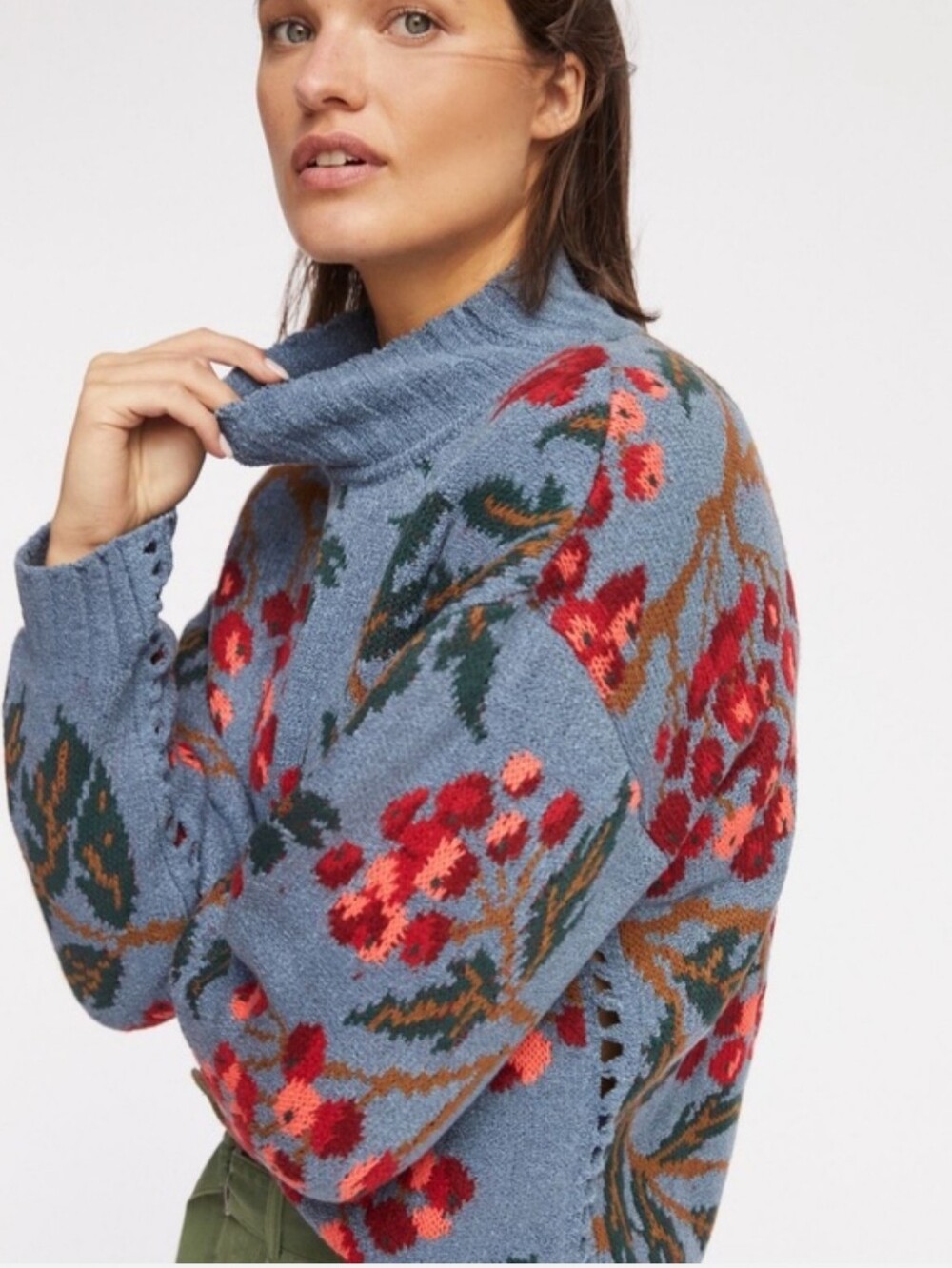 ANTHROPOLOGIE Cecelia Prado Blossom Mock Neck Sweater Blue Red Jacquard Knit